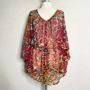 CACHÉ Sheer V-Neck Belted Short Kaftan Tunic Top